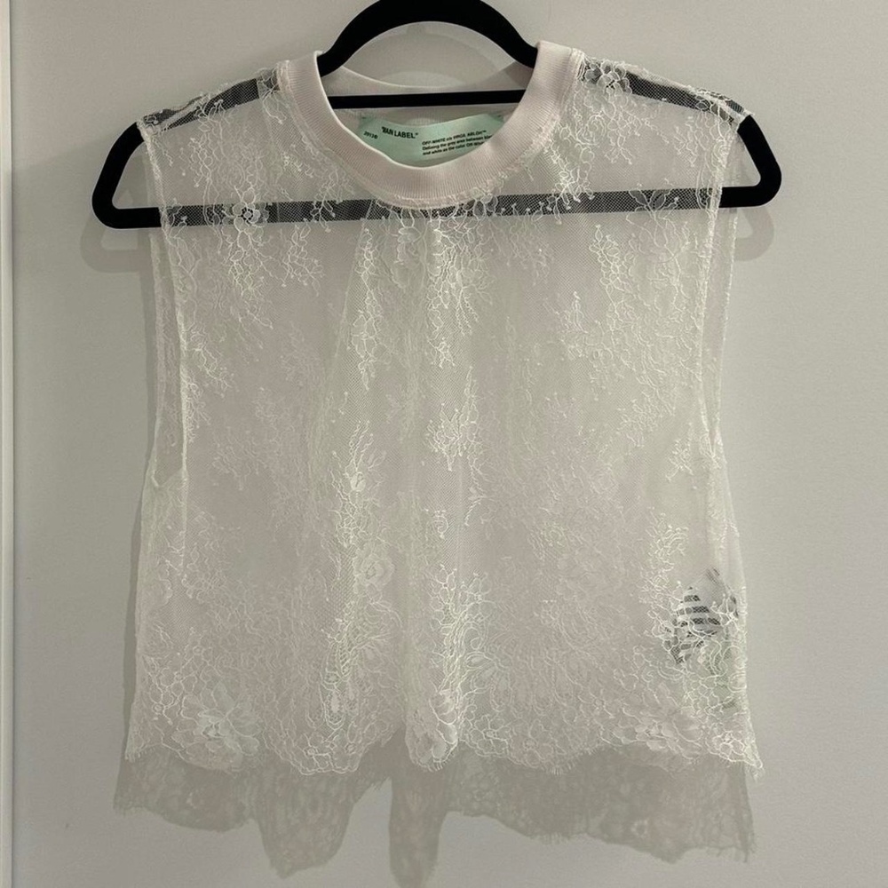 Off-White Virgil Abloh “LOGO” White Sheer Lace Logo Crop Top